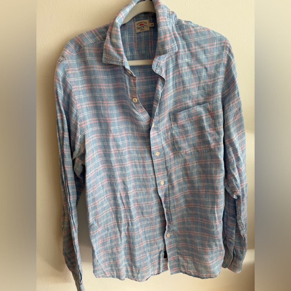 Faherty Light Blue Plaid Linen Shirt